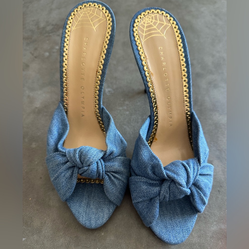 Charlotte Olympia Lola Knotted Denim Mules In Blue 36